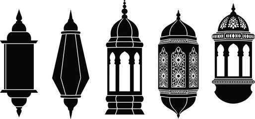 Islamic lantern silhouette collection vector for Ramadan decoration Arabic hanging lamp and traditional festive design © Rozina Creative