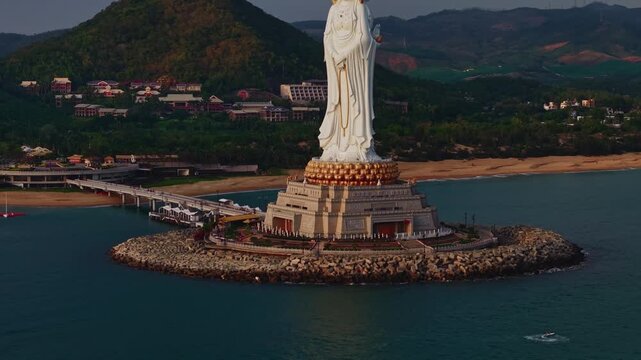 Aerial view Sanya, Hainan island Guanyin statue in buddhism Nanhai park in China.