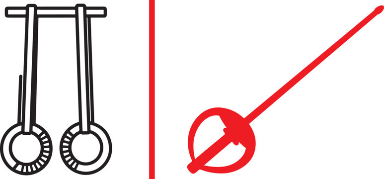 Minimalist vector icons featuring black line art gymnastics rings hanging from a bar and a red stylized fencing foil or rapier sword. Clean, high-contrast sports equipment illustrations.