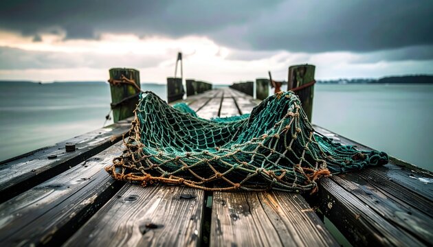 An empty fishing net, its mesh torn and tangled, draped over a decaying wooden pier under a moody overcast sky, captured with a professional camera.