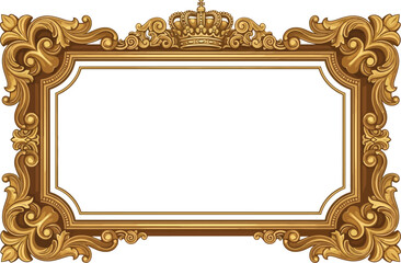 A luxurious gold picture frame with an ornate design and crown on a white background