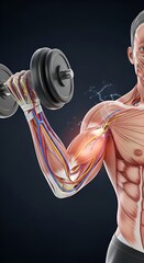Muscular Anatomy of a Man Lifting Dumbbell, Highlighting Bicep and Forearm Muscles During Exercise.