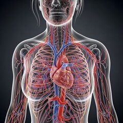 Human female cardiovascular system with visible heart, arteries, and veins within a transparent body, illustrating anatomical structure and blood circulation.
