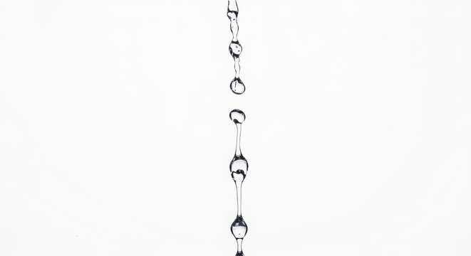 Detailed macro view of continuous water stream breaking into individual spherical droplets