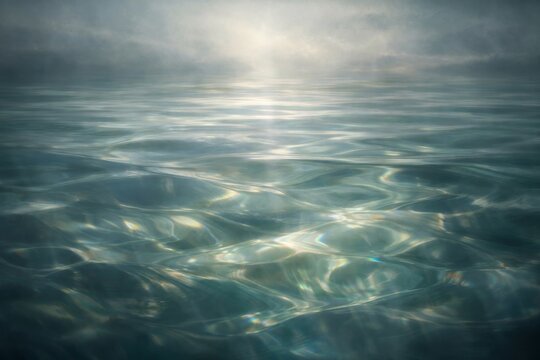 Soft ripples of turquoise water shimmer under diffused daylight and a hazy horizon, creating a tranquil, meditative backdrop ideal for wellness, travel, or spa designs.