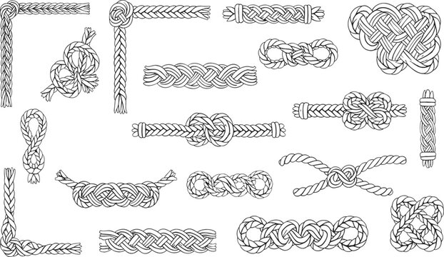 Set of black and white vector nautical rope borders with decorative marine knots and twisted cord frames for maritime theme design projects.