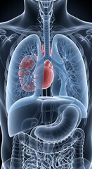 3D rendering of human anatomy showing internal organs, including heart, lungs, and digestive system, in a translucent body.