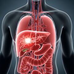Human Anatomy with Highlighted Liver and Internal Organs.