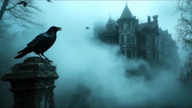 Dark crow on stone pillar with misty forest and eerie abandoned gothic castle in background, flying birds in fog, mysterious fantasy horror atmosphere at dusk