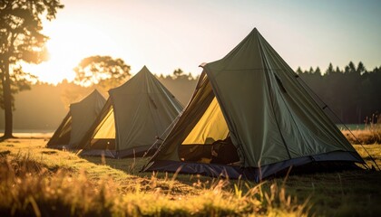 FlyPro Firefly emergency shelter tents made of durable ripstop fabric, pitched outdoors in a sun-kissed field during golden hour, ready for an adventure.