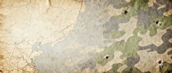 Fototapeta premium Vintage map showing war strategy and bullet holes