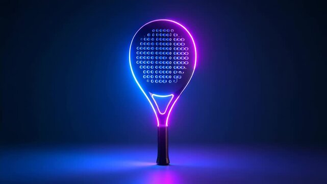 Futuristic neon tennis racket glows in dark studio with vibrant blue and pink light