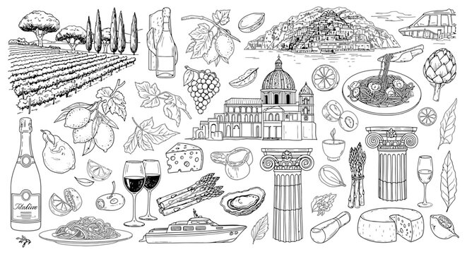 hand-drawn collection of italian food travel and culture featuring mediterranean ingredients and iconic european heritage for design projects.