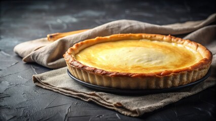 A golden-brown crust cradles a creamy, dreamy custard filling in this delectable baked treat, resting elegantly on a rustic linen cloth.