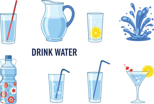 Vector set of drinking water icons including glass with straw pitcher bottle with floral pattern splash and cocktail for healthy hydration.