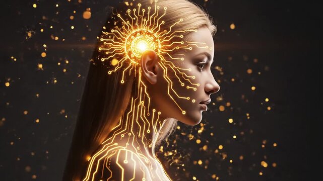 A young woman's profile with her head and neck illuminated by glowing neural connections and sparks on a dark background from a side viewpoint