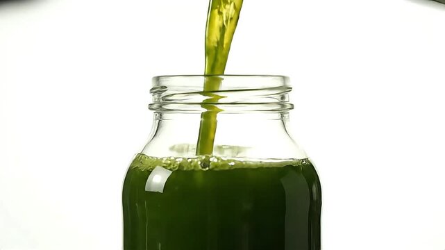 Fresh Pressed Green Detox Juice Pouring into Glass Bottle