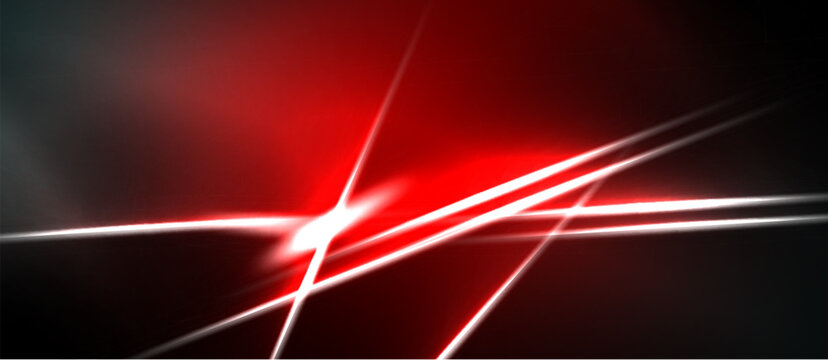 Abstract red background features bright linear light streaks. Dynamic composition creates energy, modern aesthetic. Vivid colors dominate dark space.