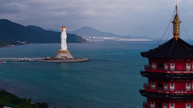 Aerial view Guanyin statue in buddhism cultural park temple in Sanya, Hainan island China.