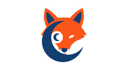 Obraz premium A stylized illustration of a fox's head in orange and blue hues peeking from behind a crescent moon, set against a plain white background, viewed from the side.