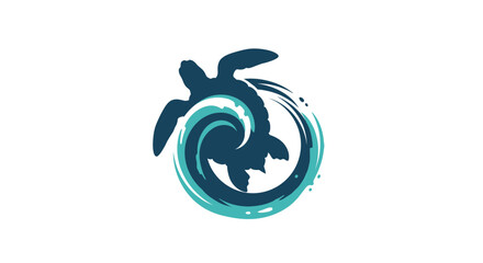 A stylized illustration of a turtle swimming in a circular motion within a wave symbolizing harmony and balance in the ocean from a top-down viewpoint