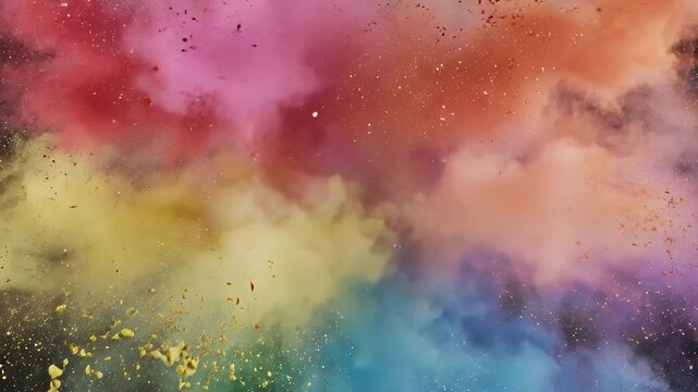 Super slow motion multicolor powder explosion on black background celebrating holi holika dahan spring festival with vibrant cinematic particles for premium stock visuals  for holi and holika dhan