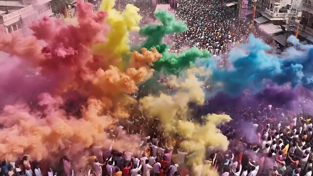 Expansive aerial view of massive holi crowd celebrating with vibrant color powder clouds across barsana streets during joyful spring festival tradition in india culture  for holi and holika dhan