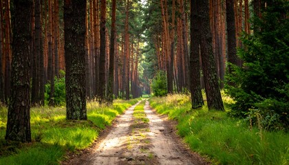 Obraz premium A dirt path leads through a dense forest with tall, slender trees and green ground vegetation under diffused sunlight