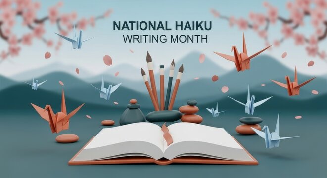 National Haiku Writing Month: origami cranes, open book and brushes