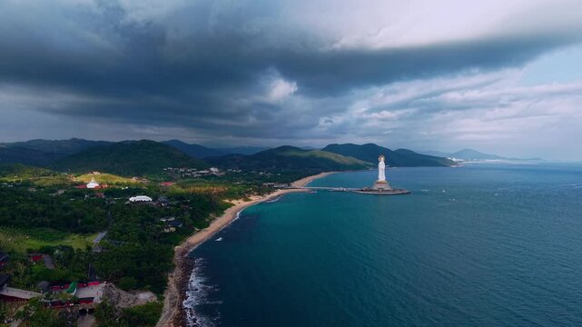 Aerial view Guanyin statue in buddhism cultural park temple in Sanya, Hainan island China.