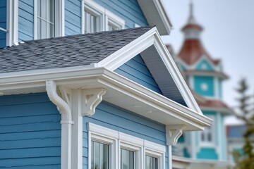 Fototapeta premium Close-up view of blue wooden house exterior showcasing detailed architectural features, including white trim and roofline, with another colorful building in the background