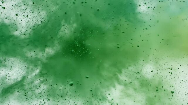 Super slow motion green powder explosion isolated on white background with detailed particles organic motion and cinematic color dispersion for premium abstract  for holi and holika dhan