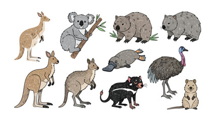 Naklejka premium Australian Fauna Illustration: Showcasing a charming illustration featuring a collection of Australia's most iconic animals.