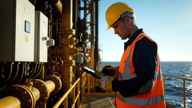 Ultra realistic 4K footage of offshore oil platform technician monitoring operational dashboard on handheld tablet standing on metal deck wearing white construction helmet full safety workwear and pro