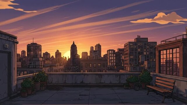 Sunset city skyline viewed from empty rooftop under glowing orange evening sky with drifting clouds