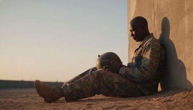 Solitude in Uniform: A weary soldier finds solace, head bowed in quiet reflection, in the harsh sunlight against a backdrop of war.