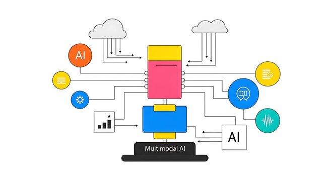 Conceptual illustration of a multimodal artificial intelligence system processing and integrating diverse data streams from cloud services for advanced analytical applications