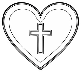 Obraz premium Christian cross symbol inside heart shape - abstract religious faith and love concept, line art illustration