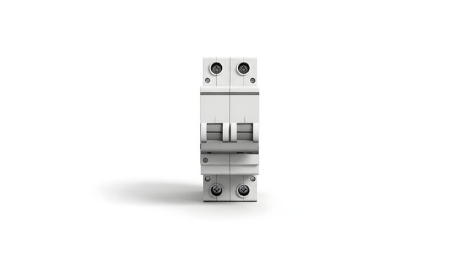 Front view of a white two pole miniature circuit breaker isolated on a white background