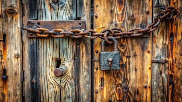 Rustic Weathered Wooden Door Secured with a Heavy Rusty Chain and Padlock