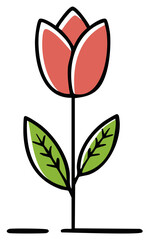 Obraz premium Stylized red tulip flower with green leaves simple isolated vector icon