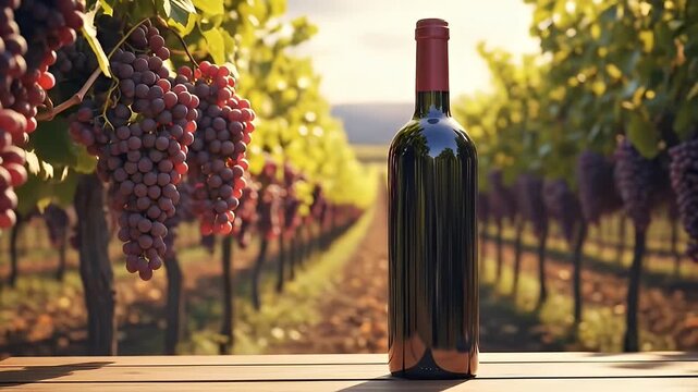Wine bottle displayed on a wooden surface in a vineyard, grapes hanging from vines