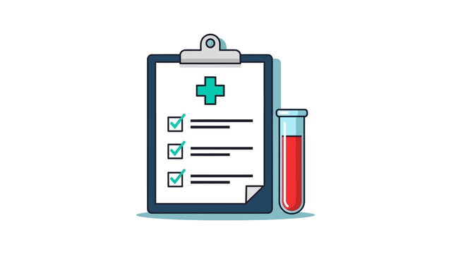 medical health checklist clipboard and blood test tube for diagnostic lab results checkup process and patient care.