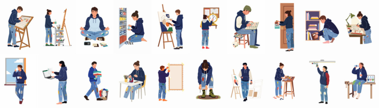 An artist's multifaceted daily life: painting, organizing, meditating, and balancing creative work with personal routines and self-care, illustrating the full artistic journey.