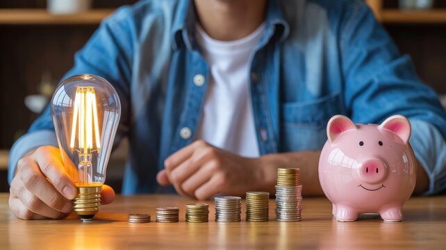 Person holding a glowing LED light bulb next to a pink piggy bank and stacked coins on a table for s