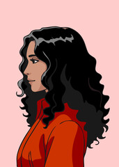 Anime style profile portrait of a beautiful woman with long wavy hair. © Kay