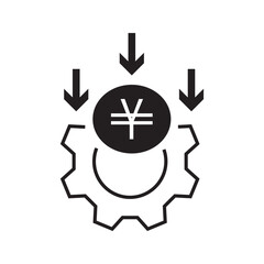 Obraz premium Editable stroke vector line icon of financial investment optimization concept featuring currency symbol inside gear with downward arrows. Suitable for banking, finance, fintech, business strategy, sav