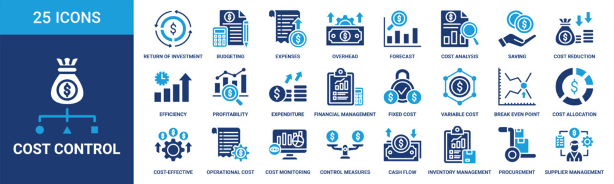 Cost control icon set. Containing return of investment, budgeting, expenses, overhead, forecast, cost analysis, saving and more. Solid vector icons collection.