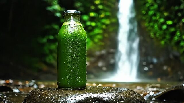 Cold Pressed Green Detox Juice Near a Tropical Jungle Waterfall
