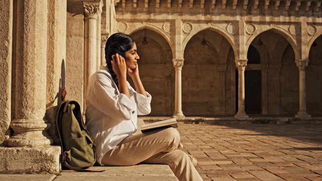 Young woman reading book in historic ancient stone courtyard